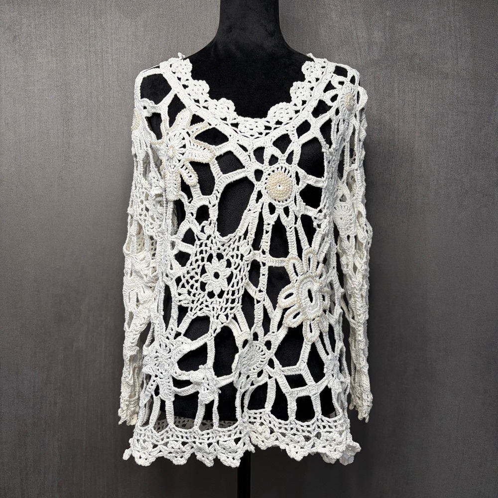 Vtg Crochet Top Women OSFM Ivory Pearl Beaded Open Knit Floral Art to Wear Y2K